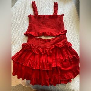 Red Two Piece Ruffle Skirt Set